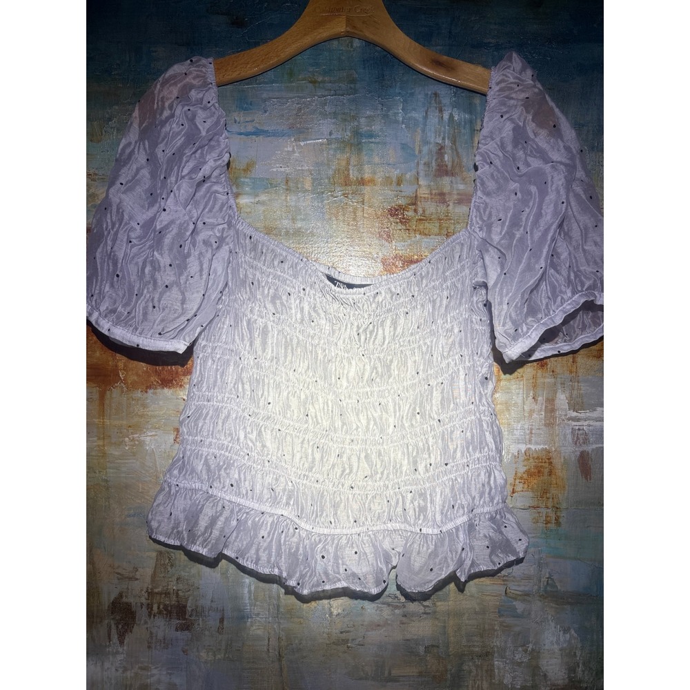 Zara Womens Smocked Puff Sleeve Crop Top Lavender Polka Dot Size L Square Neck